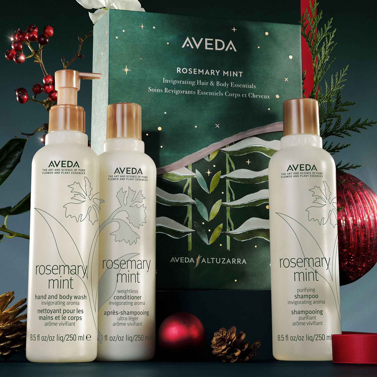 Aveda travel size Rosemary Mint Shampoo, Conditioner and brush store set