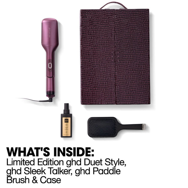 GHD Duet Style Hot Air Styler in Cherry with Sleek Talker and Paddle Brush
